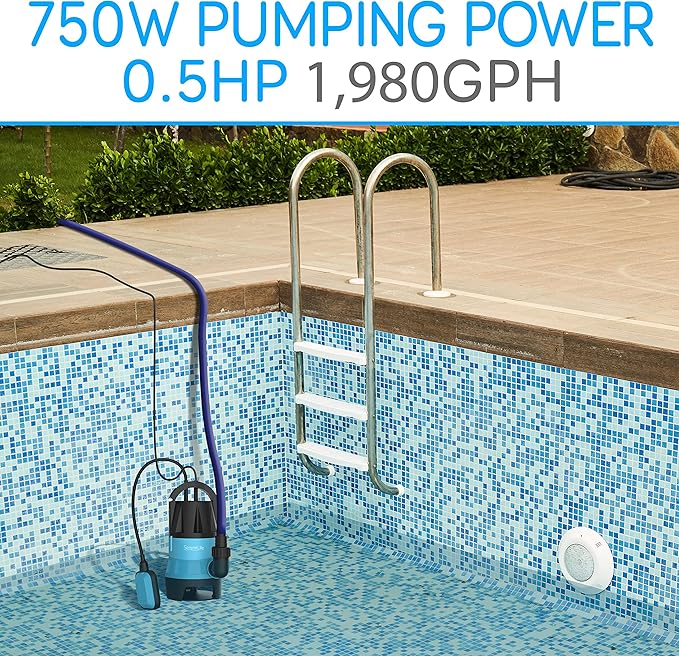 SereneLife 400W Submersible Pump Clean Dirty Water Powerful Utility Sump Pump Auto Float Switch,16 ft. Cord, Basement, Yard, Swimming Pool, Pond, Flooded Area, Garden or Flat Hose